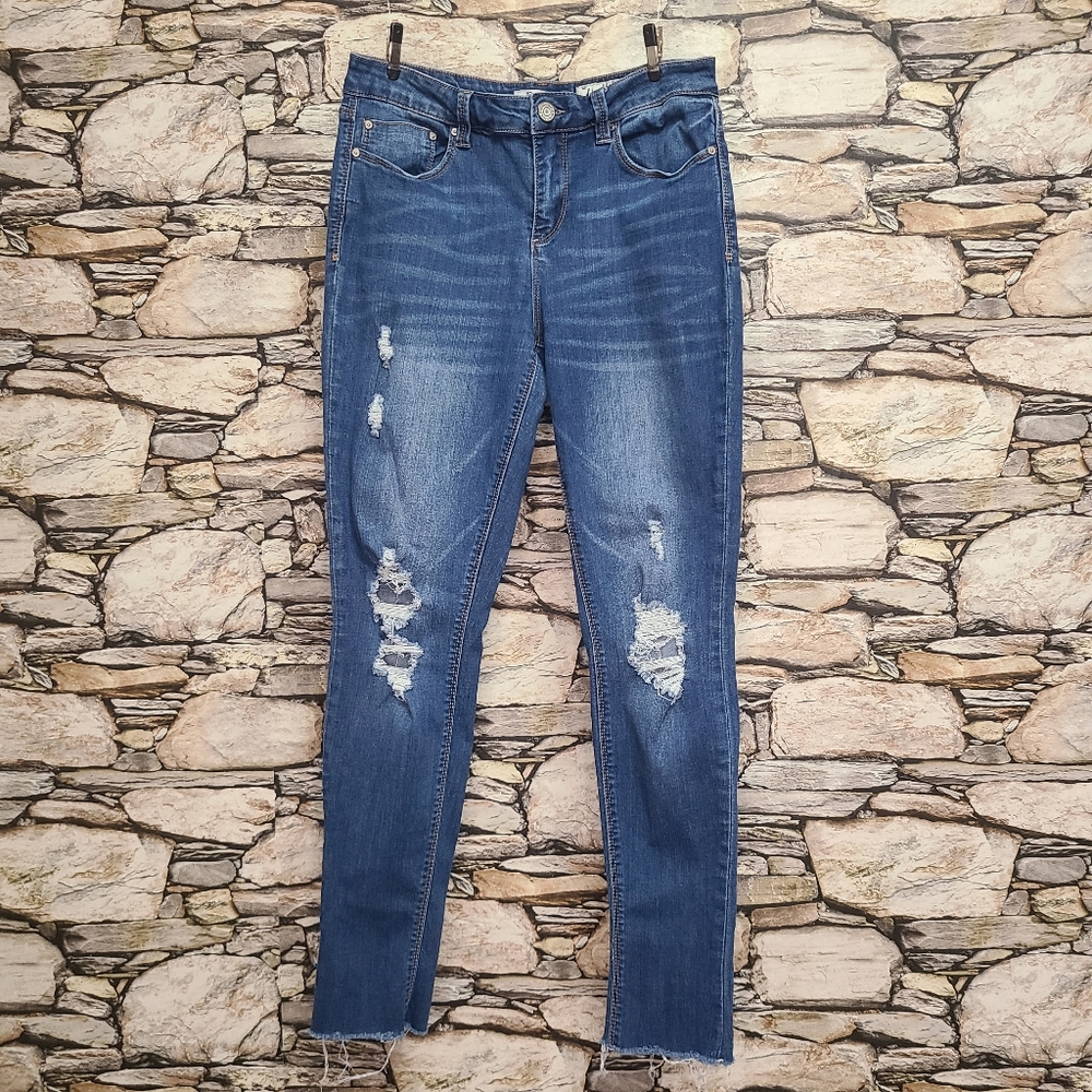 Indigo Rein Womens Skinny Jeans Size 11 Ankle Raw Hems Distressed Denim Pockets